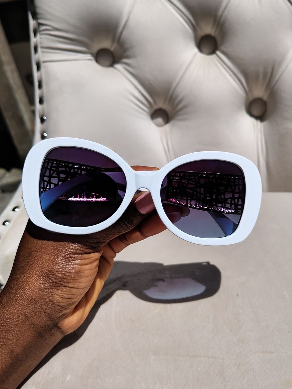 Designer White Sunglasses with Decorative Metal Lattice Temples - Picture 4 of 6